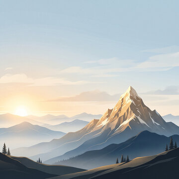 Atmospheric mountain landscape featuring a dramatic snow-capped peak illuminated by soft sunrise light above layered mountains and misty valleys.