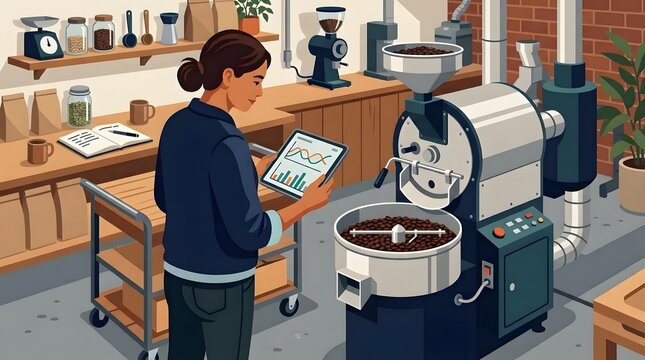 Woman holding digital tablet monitoring coffee roasting machine with beans in cooling tray