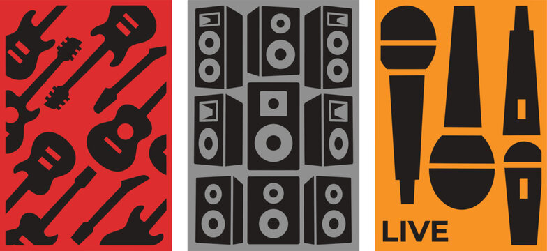 Music festival posters with guitars speakers and microphones
