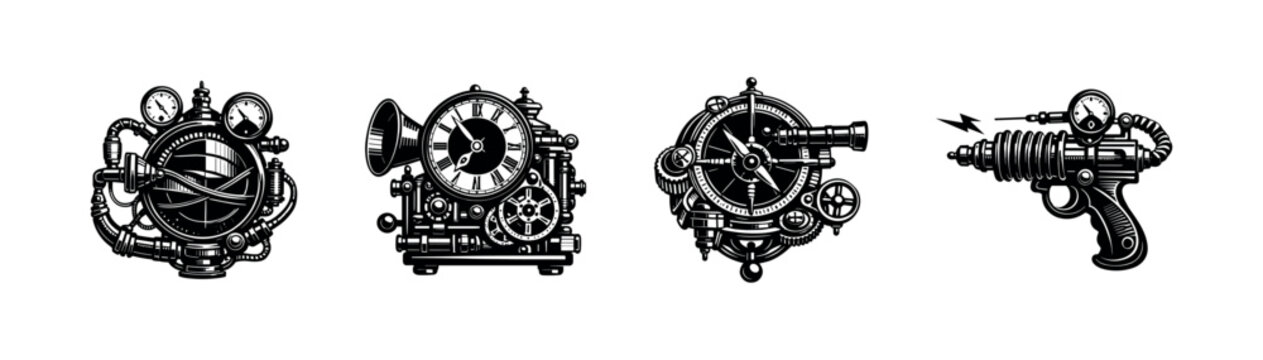 Steampunk mechanical devices vector illustration, sci-fi ray gun and gadget silhouettes, vintage design elements