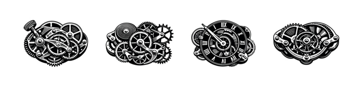 Intricate clockwork mechanism illustrations, mechanical gear elements in black and white vector silhouette
