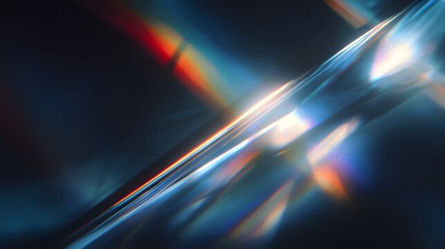 Abstract cinematic light refraction background with diagonal glowing blue orange rainbow beam and vintage texture