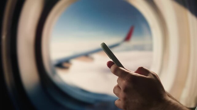 Using phone and tablet pc on airplane in air, Hands of traveller using smartphone for connecting, using app. Tourist waiting for boarding for vacation in airport. Green screen concept.