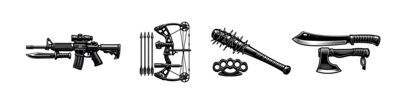 Vector silhouette of weapons collection including axe machete bow and gun illustration