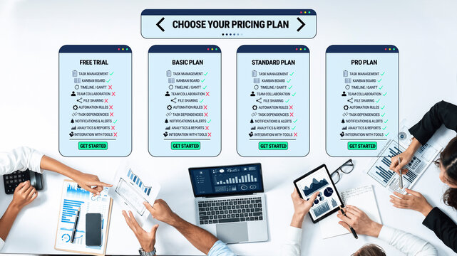 Detailed Comparison of Pricing Plans for Subscription Services Featuring Charts, Tables, and Diverse Devices for Decision-Making Process Quark.