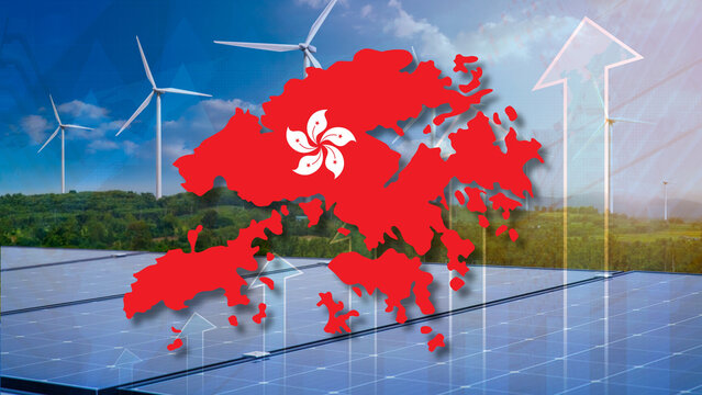 Rising growth in Hong Kong renewable energy and green sector. Hong Kong map flag overlaying solar panels and wind turbines with rising charts, economic data indicators. Sustainable clean energy market