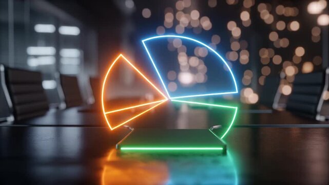 発光するネオンカラーの3Dホログラム円グラフのクローズアップ