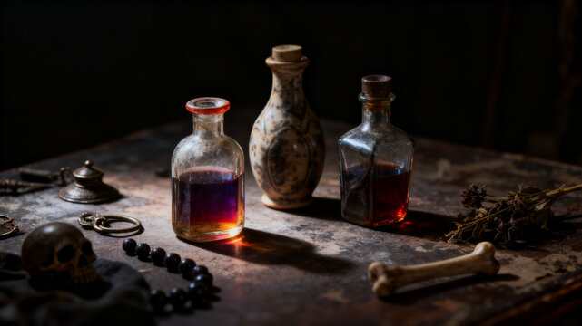 Vintage Apothecary Bottles Still Life.