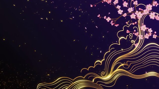 右側に配置された輝く金の線が滑らかな曲線を描く和風の抽象的背景