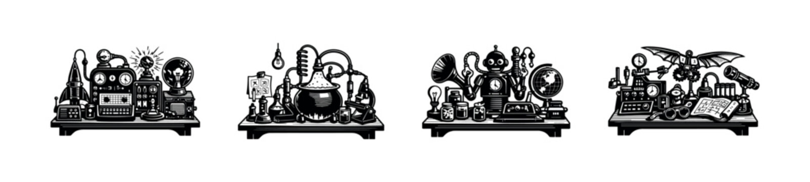 Vintage steampunk laboratory equipment vector, black and white illustration, science gadgets, elements silhouette