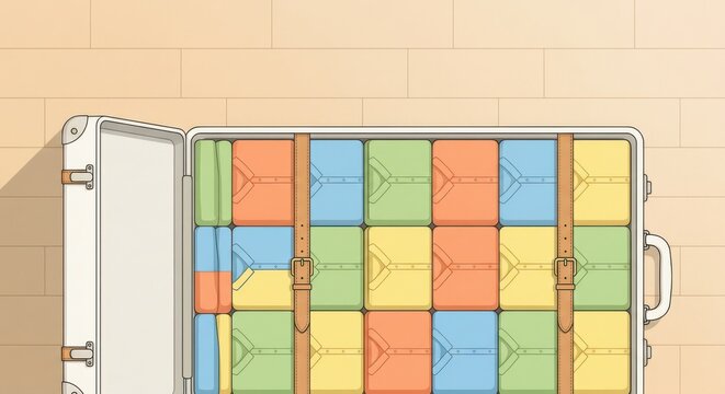 Baggage packed with colorful clothes in organized travel suitcase