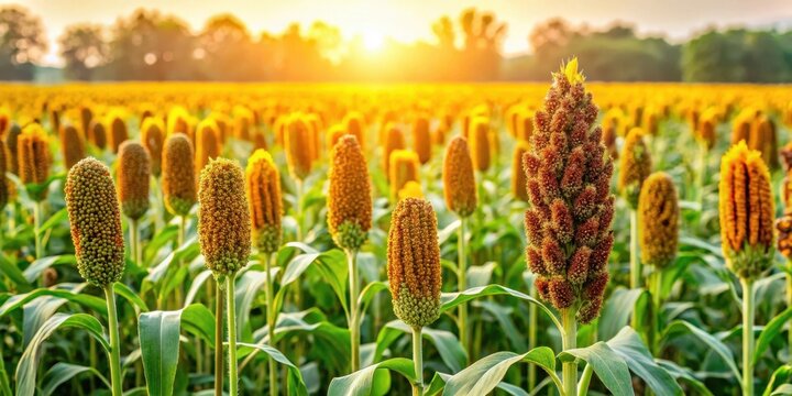 Millet and sorghum plants growing in a lush green field with tall sunflowers in the background, field crops, field