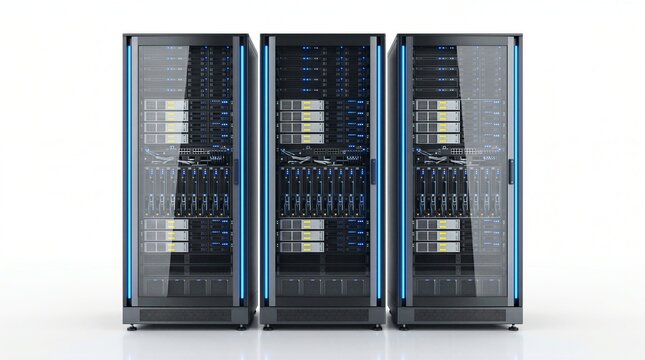 Three modern server racks with glowing blue lights are arranged side by side in a professional data center environment.