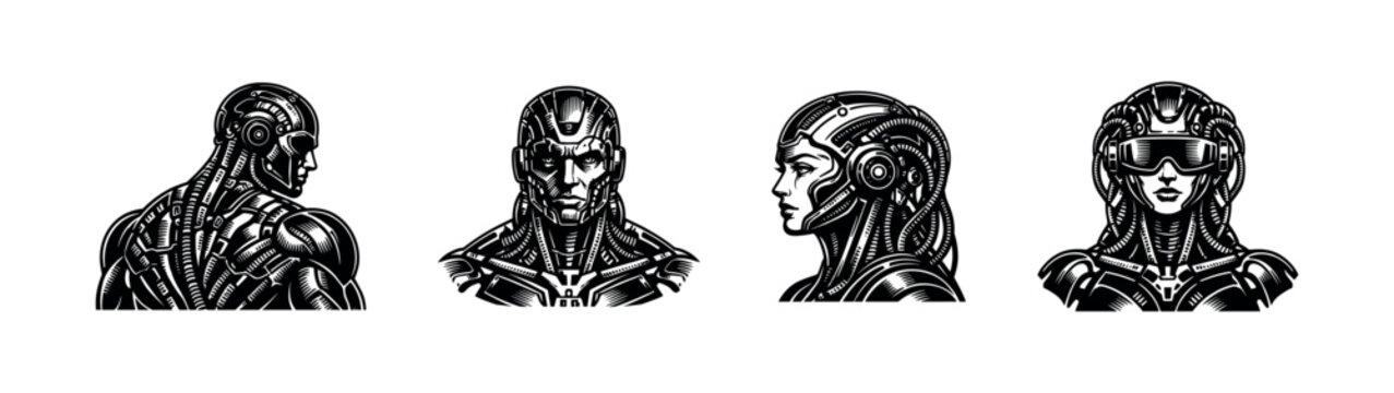 Futuristic cybernetic robot heads illustration black and white vector elements
