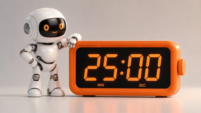 Cute white robot stands next to a large orange digital timer displaying twenty five minutes on a plain background.