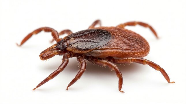 Detailed macro photograph of a tick parasite isolated on a white background showing its anatomy and legs.
