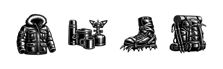 Illustration of hiking and camping gear including backpack, boot, cooking kit, and jacket in black and white vector style © Compositor 