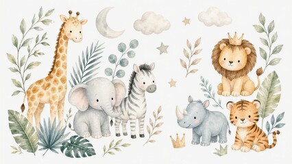 Obraz premium Watercolor jungle animals set featuring a giraffe, elephant, zebra, lion, tiger, and rhinoceros with soft clouds, moon, stars, and green foliage for nursery decor.