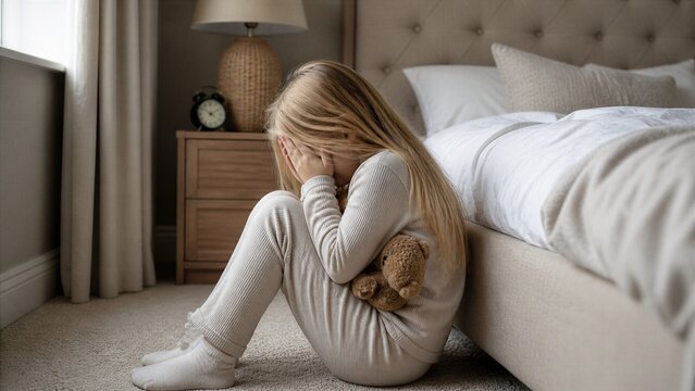 Lonely young girl with blonde hair sits on the carpeted floor next to a bed, covering her face in sadness while holding a teddy bear.