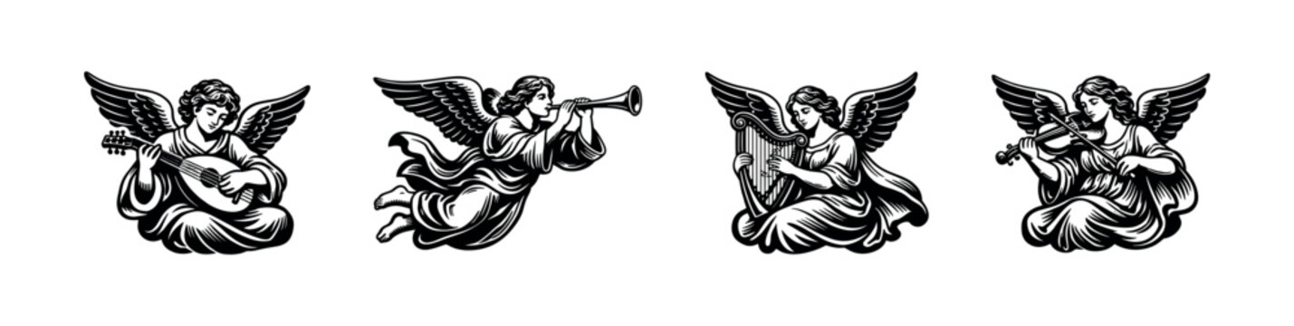 Black and white angel silhouettes with musical instruments vector illustration