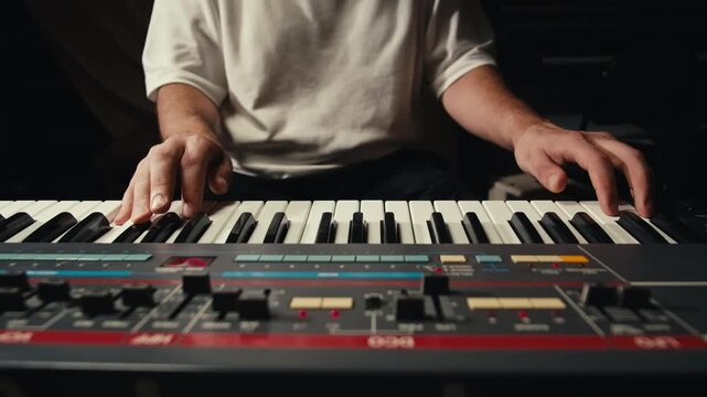 Playing piano vintage retro synthesizer. Close up of man hands playing jazz on the piano. Fingers on the piano, vintage colors. A very close look at a jazz pianist hands. Man playing the piano, close