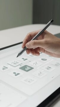 Hand holding a stylus over a tablet with interface mockups during AI in Recruiting workflow. Digital hiring, candidate screening, and HR technology for modern talent acquisition.  
