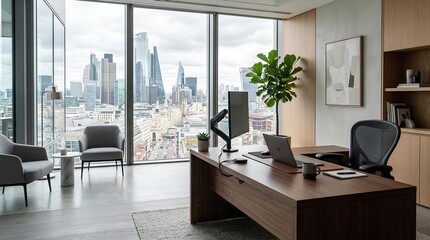 Fototapeta na wymiar Luxurious modern executive office interior with panoramic city skyline view through large floor-to-ceiling windows