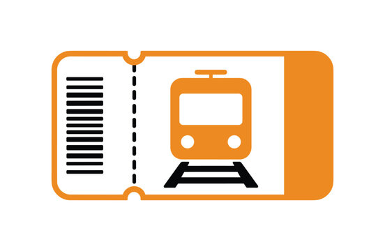 Train Ticket Icon. A simple and clear icon representing a train ticket, featuring an orange train illustration on a ticket stub with a barcode.
