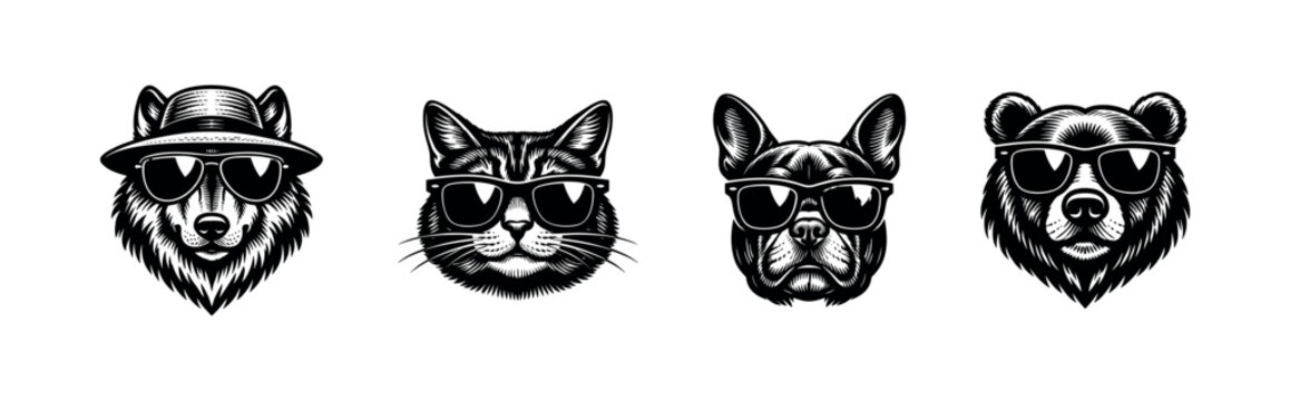 Cool animal vector illustrations of bear, bulldog, cat, and wolf with sunglasses in black and white silhouette