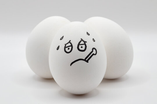 Conceptual shot of a sick white egg with drawn face and thermometer isolated on white background with copy space