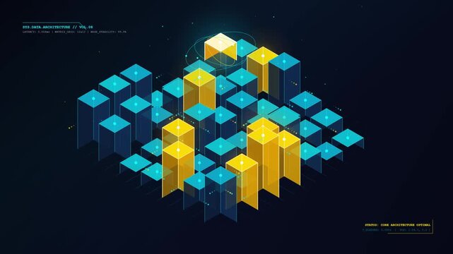 Abstract isometric data architecture with glowing blue and yellow blocks