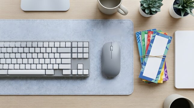 Modern Workspace with Keyboard Mouse and Discount Vouchers for Black Friday and Cyber Monday Retail Sale Promotions, Online Shopping Concept on Wooden Desk Top View Layout.