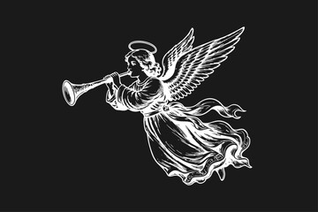 Fototapeta premium Vintage Engraving of an Angel Blowing a Trumpet with Wings and Halo, Classic Woodcut Style Illustration