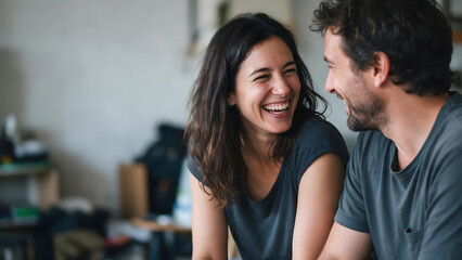Fototapeta premium Couple laughing together in a relaxed home setting