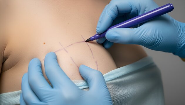 Surgeon in blue gloves marking skin with a blue pen for a medical procedure. aesthetic surgery, clinical preparation, healthcare expertise.