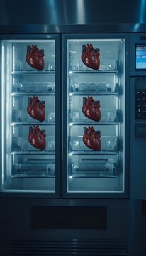 Vertical laboratory incubator storing biological heart samples for research. cardiology science, biotechnology, organ storage system.