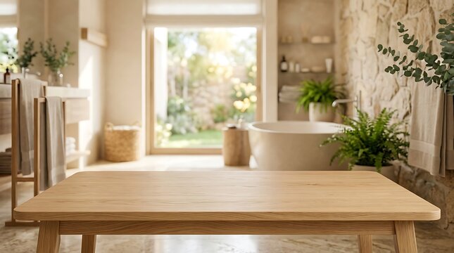 Wooden table top podium in blurred luxury bathroom interior for product display presentation with spa plants and tub.