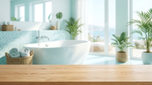 Wooden Tabletop in Luxury Bathroom Interior Background for Product Display with Tropical Plants and Bright Sea View.