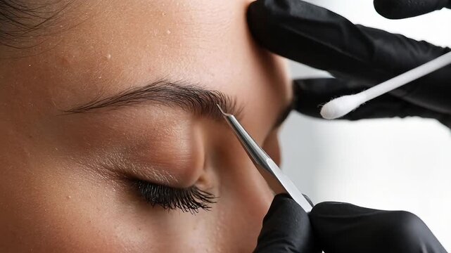 Close up of professional master performing eyebrow tattooing process on woman
