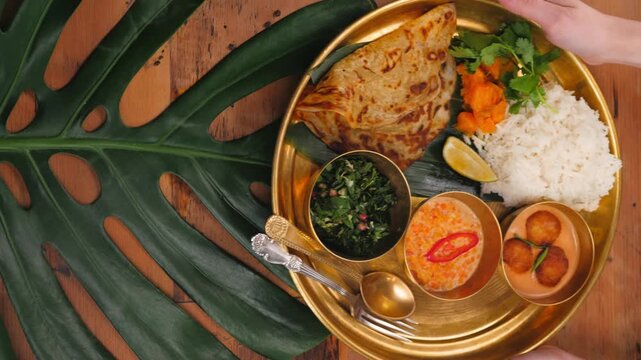 Assorted indian sri-lanka food set on wooden background. Dishes and appetisers of indeed cuisine, rice, lentils, paneer, samosa, spices, masala. Bowls and plates with indian food top view chicken