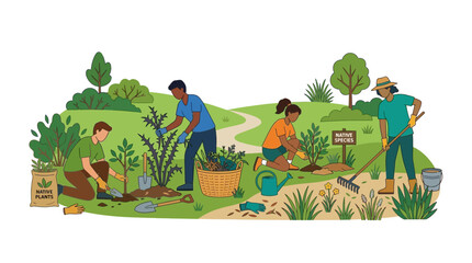 Fototapeta premium People planting native trees and shrubs outdoors