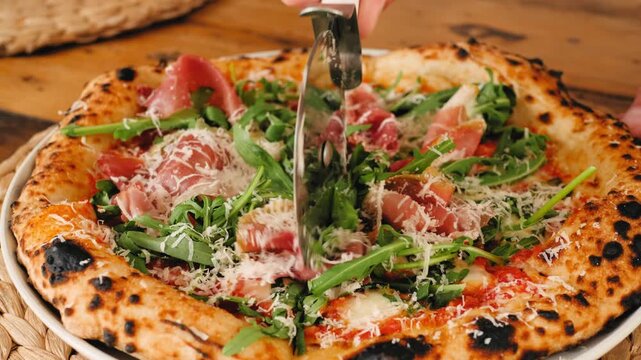 Cooking italian pizza, neapolitan Margherita pizza with mozzarella cheese, tomato sauce, olive oil and basil leaves.