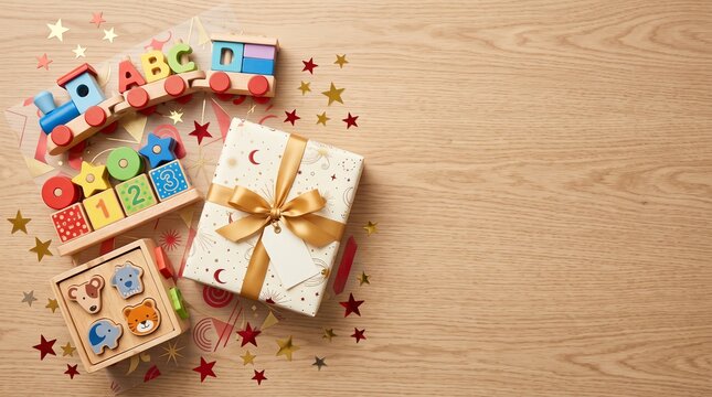 Wooden toys with wrapped gift box and colorful stars on light wood background flat lay