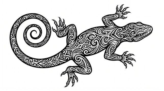 Tribal Lizard Reptile Illustration with Ornate Pattern and Curled Tail