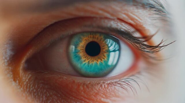 Extreme macro footage of one striking human eye with a luminous turquoise and aqua iris, matador styling