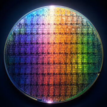 Semiconductor Wafer with Reflective Silicon Surface Displaying Intricate Microscopic Circuit Patterns Under Dramatic Technology Lighting