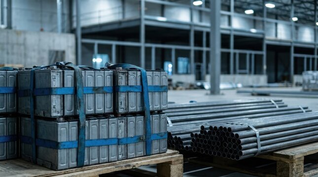 Stacked battery cell housings, pallet straps, and palletized steel tubing beside a half-built industrial shell.