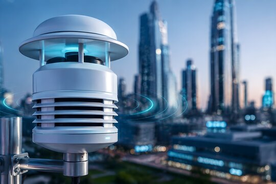 Advanced Smart Environmental Sensor Monitoring Atmospheric Conditions in Futuristic Urban Landscape with Sleek Technology Design