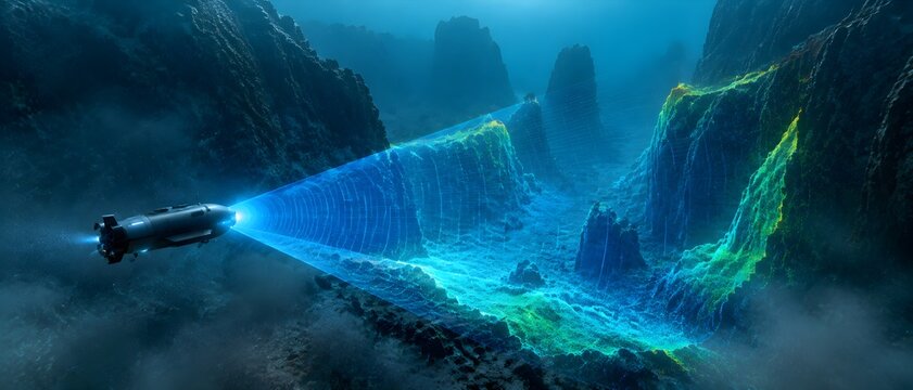 Sonar Detection System Scanning Shadowy Underwater Canyon with Suspended Sediment Rocks and Atmospheric Marine Depth