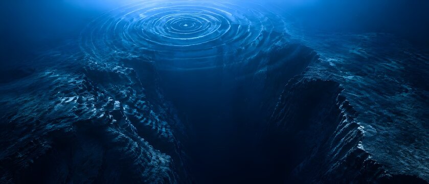 Sonar Pulse Rings Expanding Above Deep Underwater Trench with Dramatic Scale and Mysterious Ocean Darkness